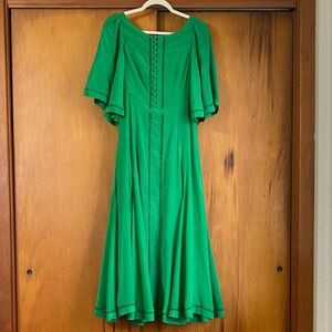 NWT Kelly Green 100% Silk Maxi Dress Buttons Embroidered Flutter Sleeves Full